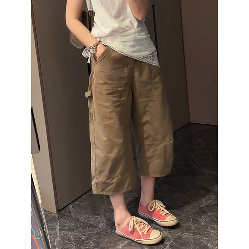 复古美式窄版工装裤女夏季爆款通勤百搭时尚休闲裤显瘦修身七分裤 - 图0