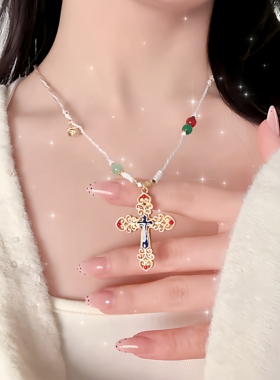 旭平白色编制绳十字架项链小众个性时尚轻奢高级感甜酷长款毛衣链