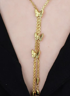旭平仿黄金色Y型项链新中式气质长款蝴蝶流苏锁骨链蝴蝶不可调节