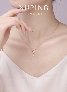 旭平新中式轻奢莲花仿珍珠项链仿黄金色精致小巧锁骨链通勤