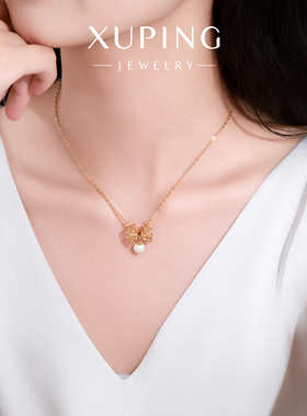 旭平金色蝴蝶结仿珍珠项链女时尚复古轻奢小众设计高级感锁骨链