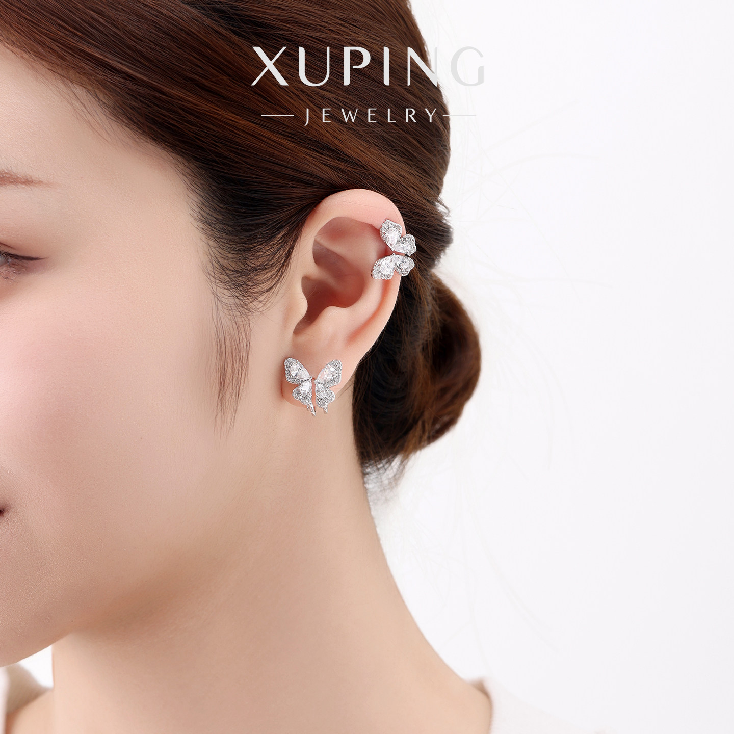 XUPING【清隐】轻盈感微镶人造石甜美优雅气质蝴蝶蚊香盘耳夹耳饰,淘宝优惠券,粉丝福利购,淘宝优惠卷