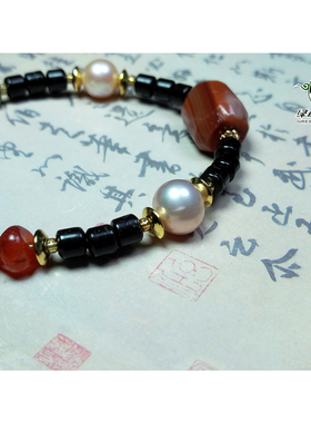 lssp/绿色石品wp1250 不还价 大年份老珠子红碧玉主珠民族风手链