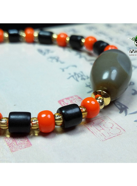 清代青灰色橄榄老玛瑙主珠手链