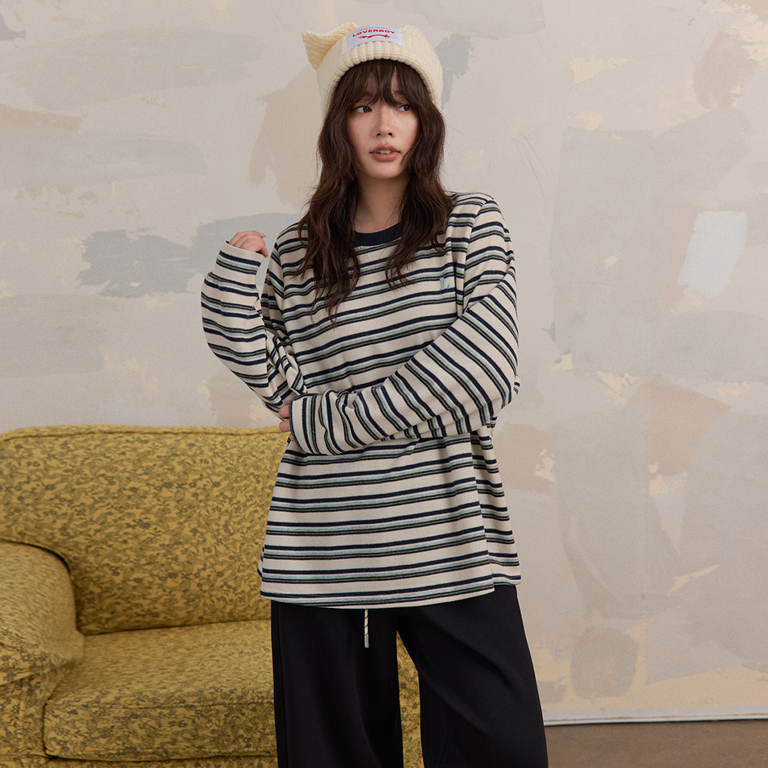 蕾蕾【百穿不厌！】韩版领口撞色圆领宽松条纹T恤上衣,淘宝优惠券,粉丝福利购,淘宝优惠卷