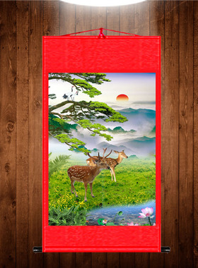 梅花鹿吉祥装饰画仙鹤玄关挂画松树丝绸画条幅画客厅双鹿图风水画