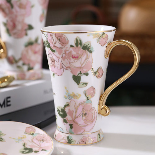 nosin诺轩法式玫瑰花卉田园陶瓷马克杯带盖勺水杯轻奢女家用杯子 - 图3