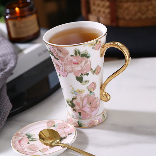 nosin诺轩法式玫瑰花卉田园陶瓷马克杯带盖勺水杯轻奢女家用杯子 - 图2