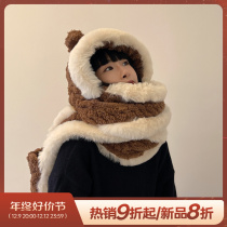 Small Bear Scarf hat warm and cute integrated ear Women winter surrounding neck Winter even cap autumn and winter three sets of gloves