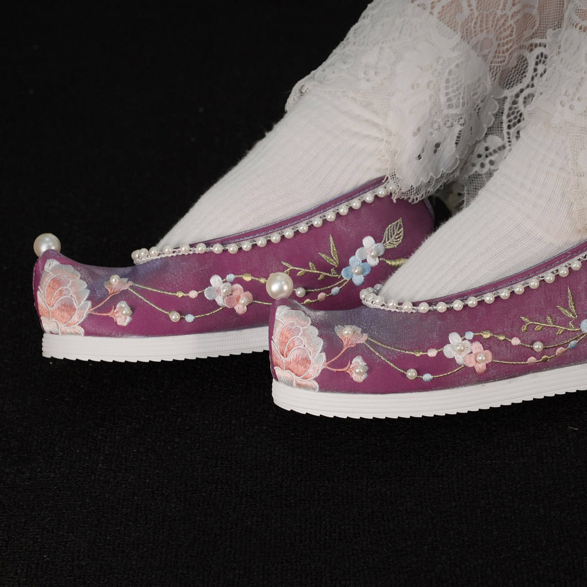 江南朱记汉服鞋【素央】手工钉珠内增高古风翘头布鞋弓鞋绣花鞋,淘宝优惠券,粉丝福利购,淘宝优惠卷