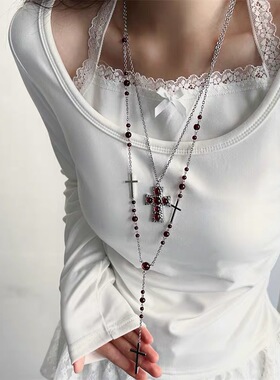 Beaded Cross Pendant Collarbone Necklace Dark Gothic Jewelry