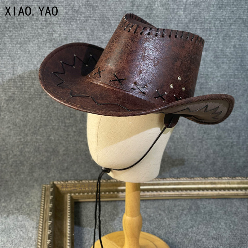PU仿皮革藏族爵士帽子男女春夏遮阳登山旅游骑士帽大檐西部牛仔帽,淘宝优惠券,粉丝福利购,淘宝优惠卷