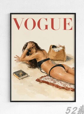 VOGUE时尚冲浪女孩沙滩装饰画轻奢服装店挂画复古杂志海报女装店