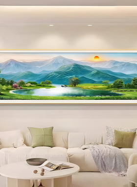 现代新中式旭日东升家居装饰画绿水青山聚宝盆客厅沙发背景墙挂画