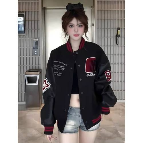 【夹棉加厚 毛呢夹克】美式复古棒球服女秋季徽章拼接撞色 - 图0