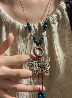 新中式民族风长版毛衣链女古风挂饰复古中国风蝴蝶项链锁骨链