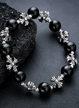 个性复古黑色圆珠拼接十字架串珠手链男女小众设计简约百搭手饰