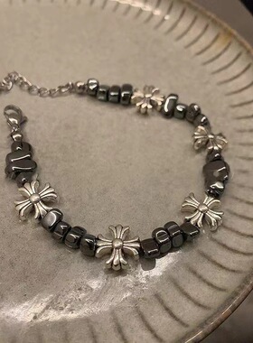 碎银十字花拼接手链男高级感手串情侣款配饰复古百搭小众嘻哈饰品