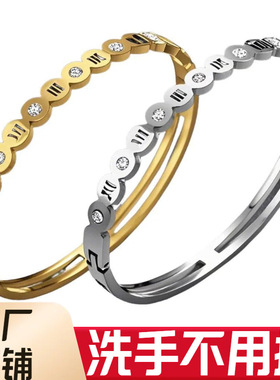 欧美不锈钢女士手饰镀波浪纹镶钻镂空罗马数字钛钢手环手镯