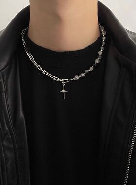 黑白冰裂珠芒星拼接项链男冷淡风复古潮流锁骨链酷潮配饰卫衣链子