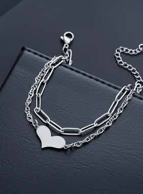 爱心手链男女小众设计冷淡风潮男钛钢不掉色首饰双链条手饰品