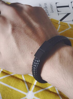 欧美黑色牛皮绳编织手环男潮复古小众简约设计感配饰工厂直销