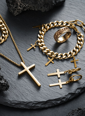 钛钢复古十字架吊坠组合套装新款饰品项链手链耳环戒指四件套配饰