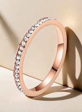 不锈钢戒指女欧美小众2mm宽镶钻指环冷淡钛钢戒指不掉色简约