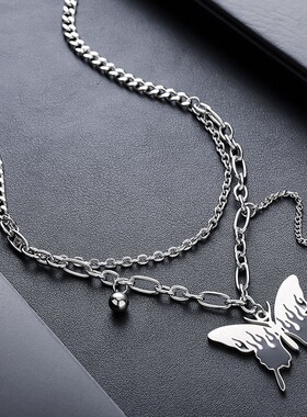 蝴蝶双层项链钛钢嘻哈小众潮流设计简约时尚百搭男女饰品