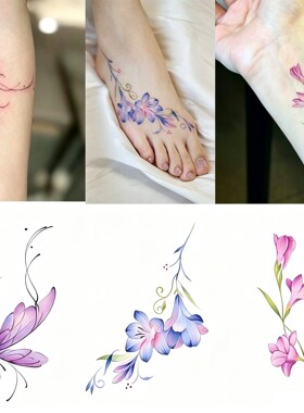 高颜值紫色鸢尾彩色纹身贴少女手臂防水持久唯美蝴蝶纯欲脚踝水洗
