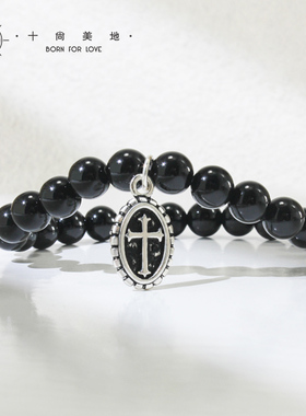 圆牌925银十字架休闲风黑玛瑙