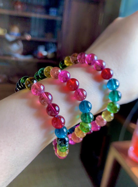 天然巴西彩虹碧玺三圈手串一物一图浓艳碧玺佛珠多圈手链彩色手串