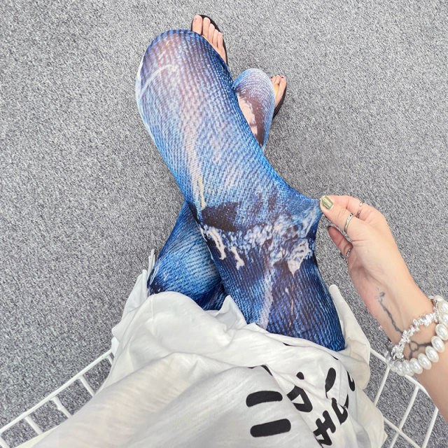 Elastic waist trousers thin graffiti flower leggings mesh