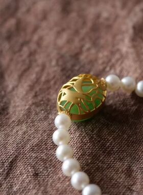18K金天然淡水珍珠手链手串手饰碧玉原矿绿松桃心母亲节礼物