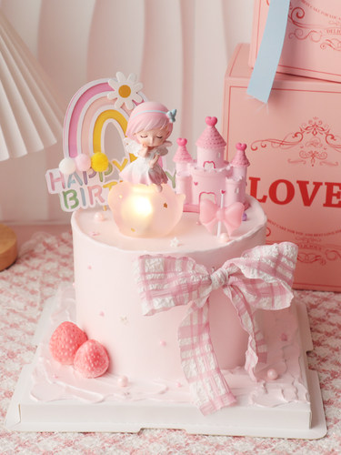 烘焙蛋糕装饰摆件网红天使粉色系草莓城堡彩虹生日快乐插卡插件 - 图0
