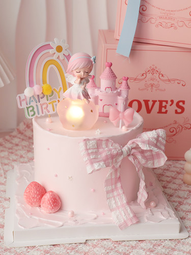 烘焙蛋糕装饰摆件网红天使粉色系草莓城堡彩虹生日快乐插卡插件 - 图2