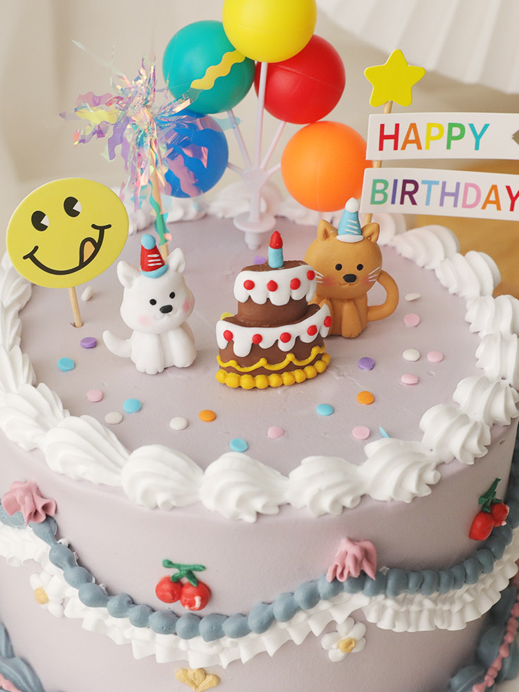 烘焙蛋糕装饰摆件软陶小猫小狗气球插件复古甜品台生日快乐插卡,淘宝优惠券,粉丝福利购,淘宝优惠卷