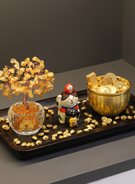 黄水晶发财树招财猫入户玄关摆件