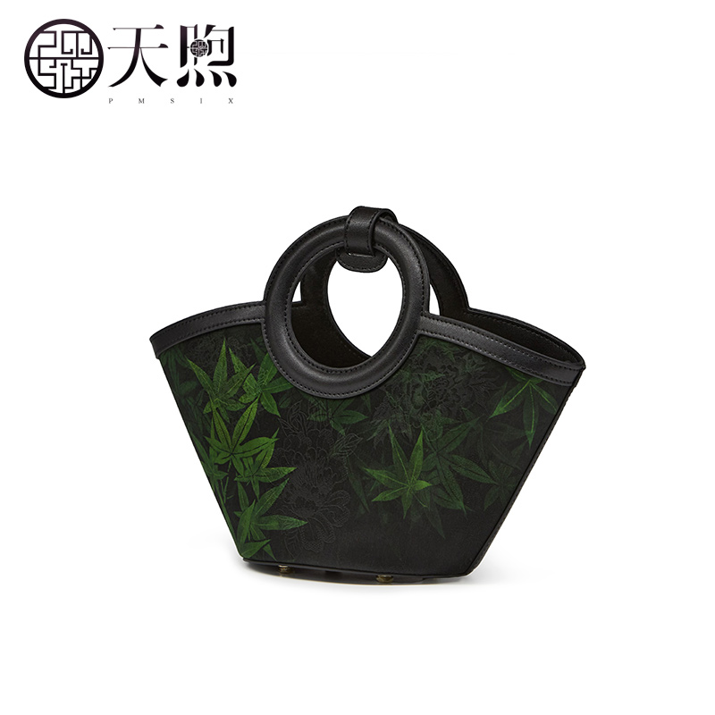 Pmsix天煦女包新中式国风非遗桑蚕丝设计牛皮单肩斜挎手提黑色包 - 图0