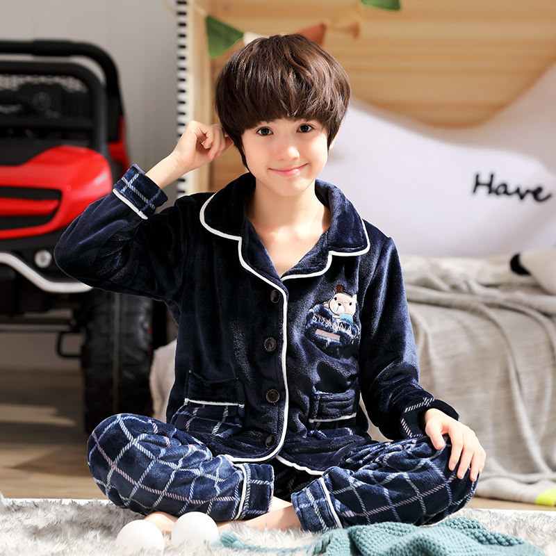 男童秋冬季珊瑚绒中大童睡衣 dancebees家居服套装
