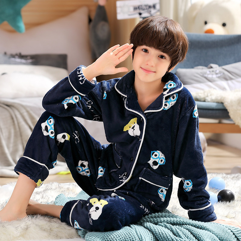 男童秋冬季珊瑚绒中大童睡衣 dancebees家居服套装
