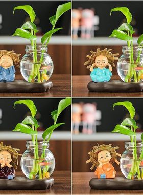 创意网红树脂工艺品四不和尚绿萝水培花瓶客厅办公桌家居装饰摆件