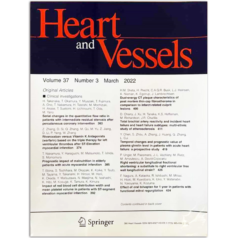 【单期】Heart and Vessels 心血管疾病研究医学杂志 2022年3/4/5月刊原版杂志 - 图0