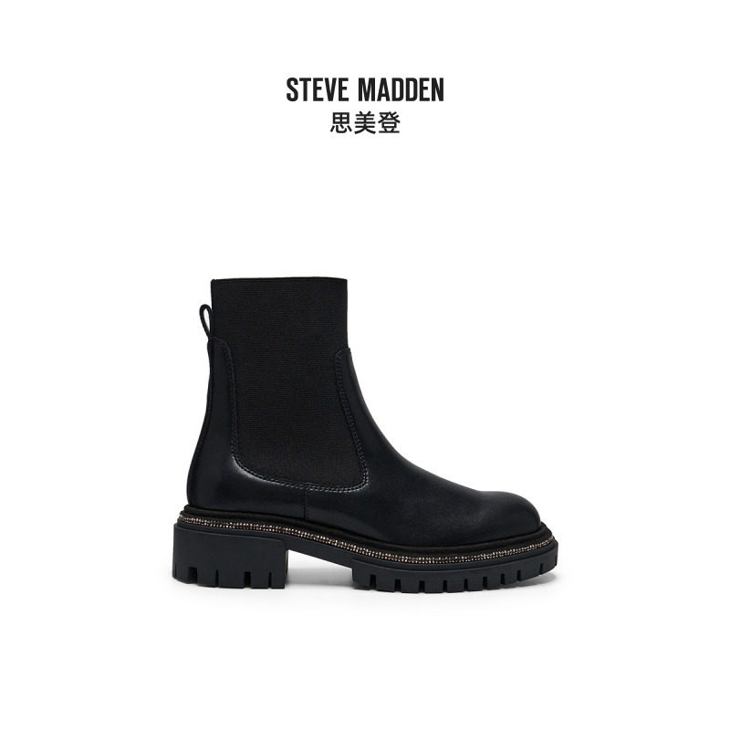 Steve Madden思美登2024年秋冬新款女鞋黑色切尔西靴短靴