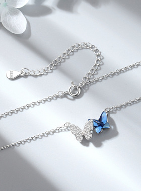 双蝶飞舞水晶项链女S925纯银高级蓝蝴蝶吊坠小众设计感时尚锁骨