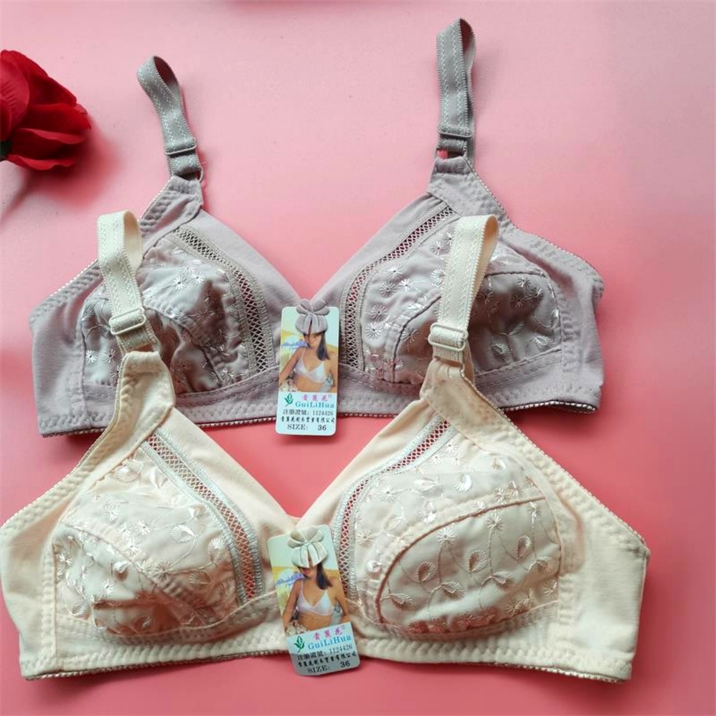 贵丽花文胸中老年大码无钢圈超薄款内衣刺绣全棉布妈妈内衣背扣女 - 图0