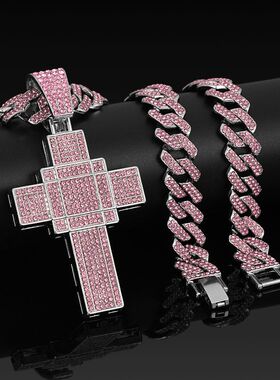 女士潮流嘻哈夸张粉色双层立体十字架项链古巴链子美式潮牌跨境款