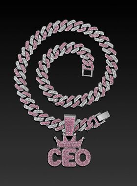 潮流双色粉钻潮酷女式古巴项链皇冠CEO字母吊坠跨境热卖饰品新款