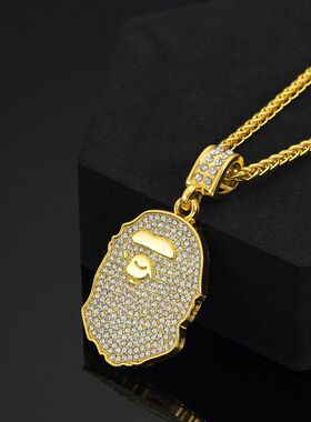 欧美跨境新品镶钻猿人头吊坠项链hiphop街头风男女饰品工厂批发