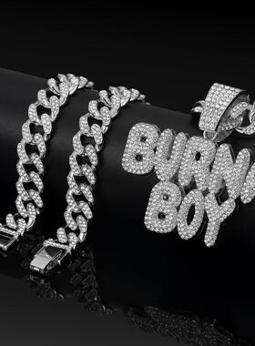 镶钻burna boy字母嘻哈吊坠  欧美长款潮流古巴项链 跨境电商货源